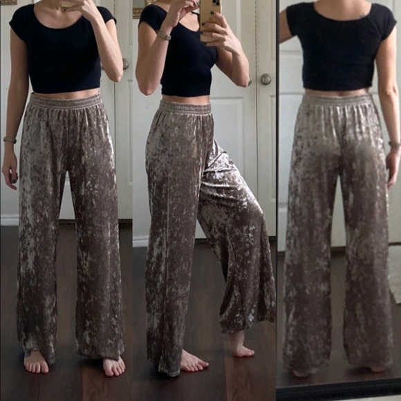 Calstyle Pants - Gray tan taupe pink velvet wide leg palazzo pants
